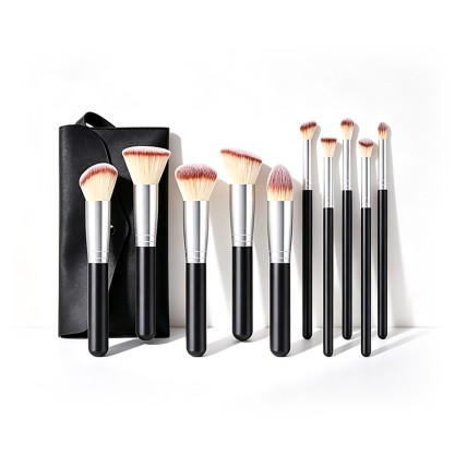 10pcs Black Makeup Brush Set Vegan Synthetic Fiber Foundation Eyeshadow Brushes with PU Bag