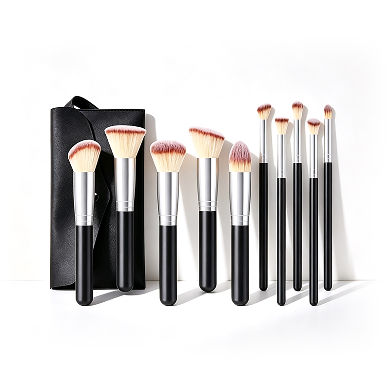 10pcs Black Makeup Brush Set Vegan Synthetic Fiber Foundation Eyeshadow Brushes with PU Bag