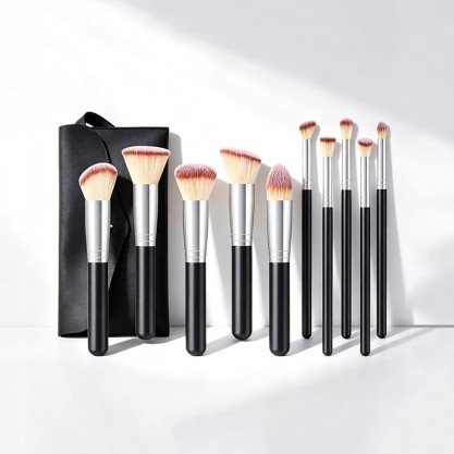 10pcs Black Makeup Brush Set Vegan Synthetic Fiber Foundation Eyeshadow Brushes with PU Bag 10pcs Black Makeup Brush Set Vegan Synthetic Fiber Foundation Eyeshadow Brushes with PU Bag