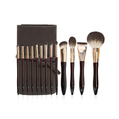 Deep Burgundy Wooden Vegan Travel Makeup Brush Set 12 Pieces
